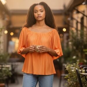 Just Be Orange Pleated Off the Shoulder Flutter Sleeve Blouse Plus Size 1X